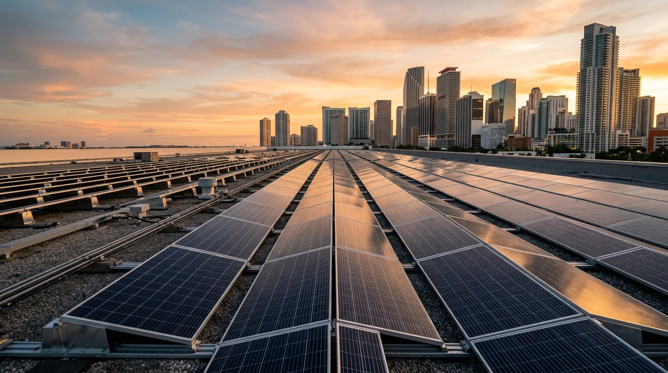 Panoramic view of a commercial solar panel array under a bright sky