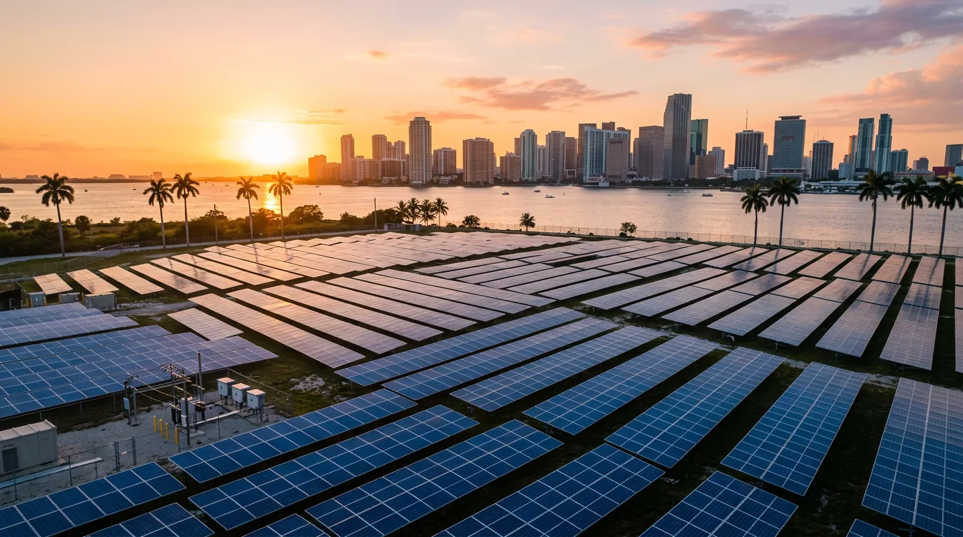 Large commercial solar array at golden hour with the Miami skyline and palm trees in the background